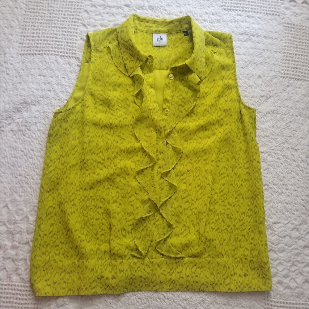 Cabi Reign Chartreuse Ruffle Front Patterned Sleeveless Blouse Size Small